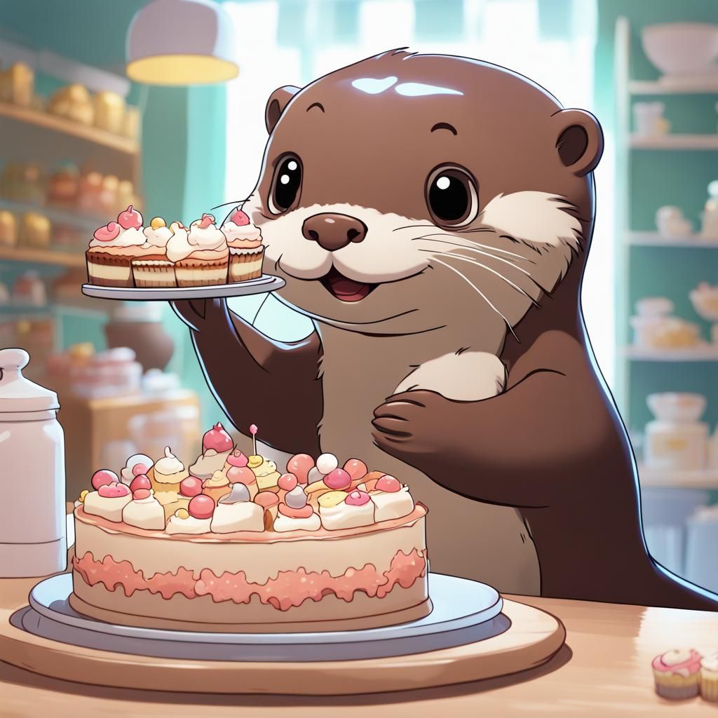 Cute Otter Handing Out Cakes in Pixar Style