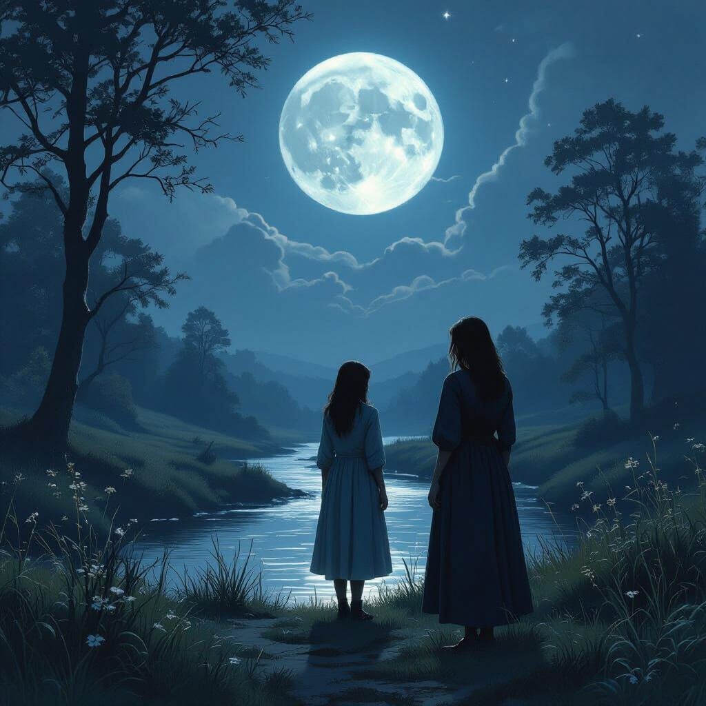 Lonely Woman Under Moonlight in Romantic Landscape