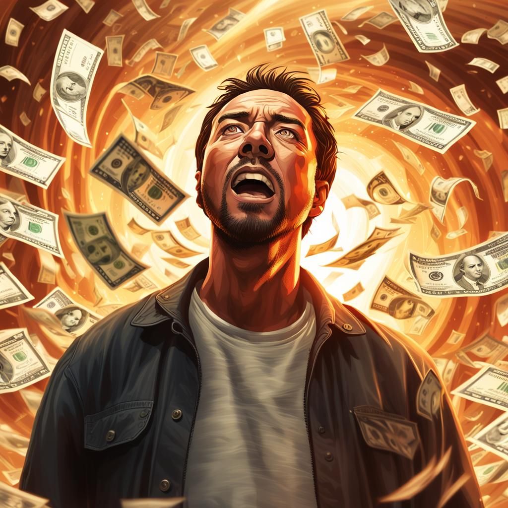 Triumphant Man Bathed in Golden Light and Money