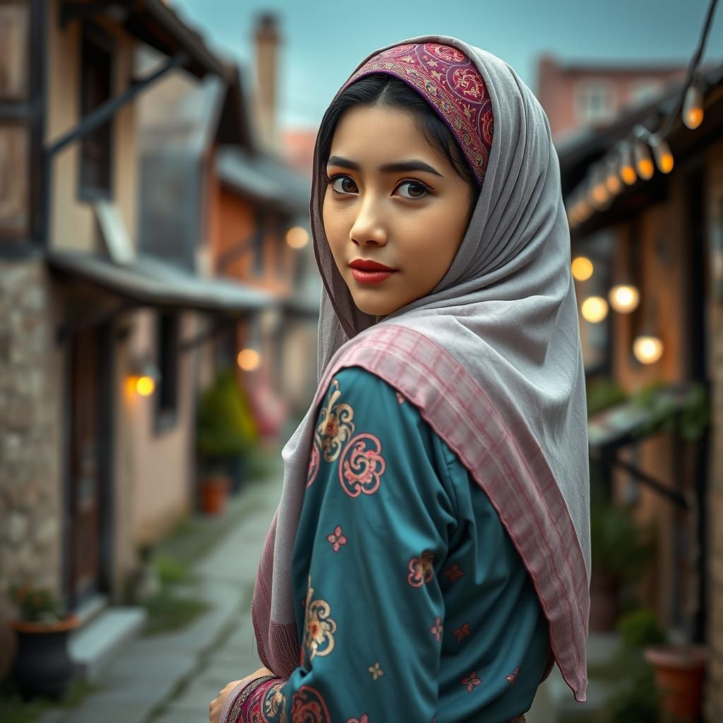 A beautiful young hijab Uyghur woman  at local housing area.