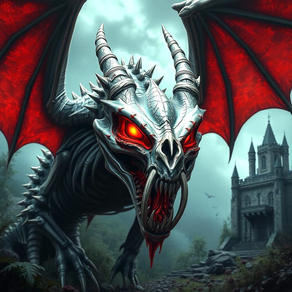 Demonic Skeleton Dragon with Iridescent Wings