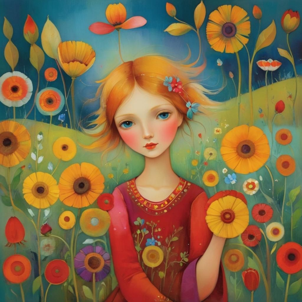 Lush Wildflower Field in Botanical Art Style