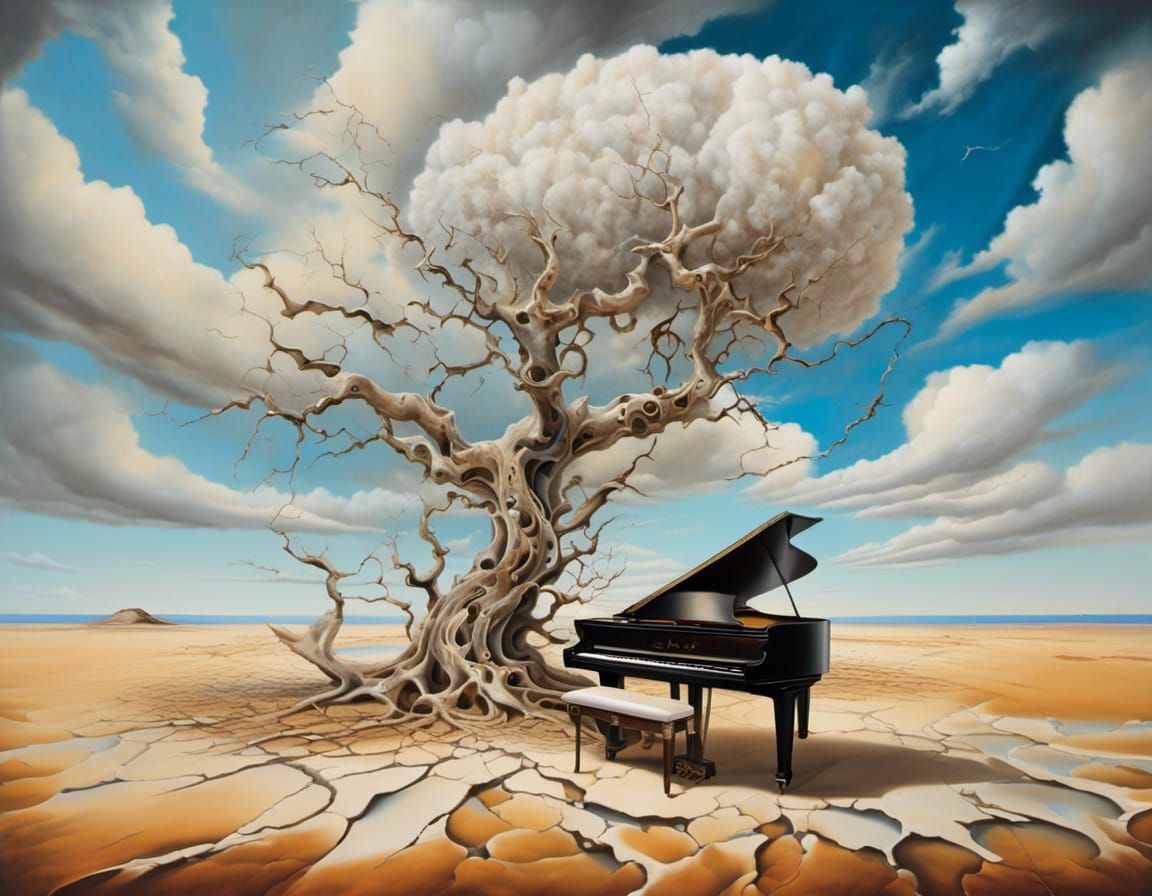 Surreal Desert Landscape with Piano Keys