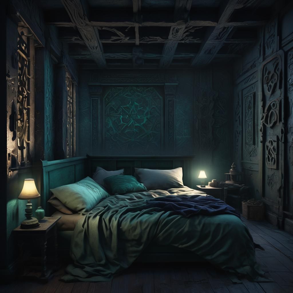 Dark Fantasy Figure in Room with Glowing Runes