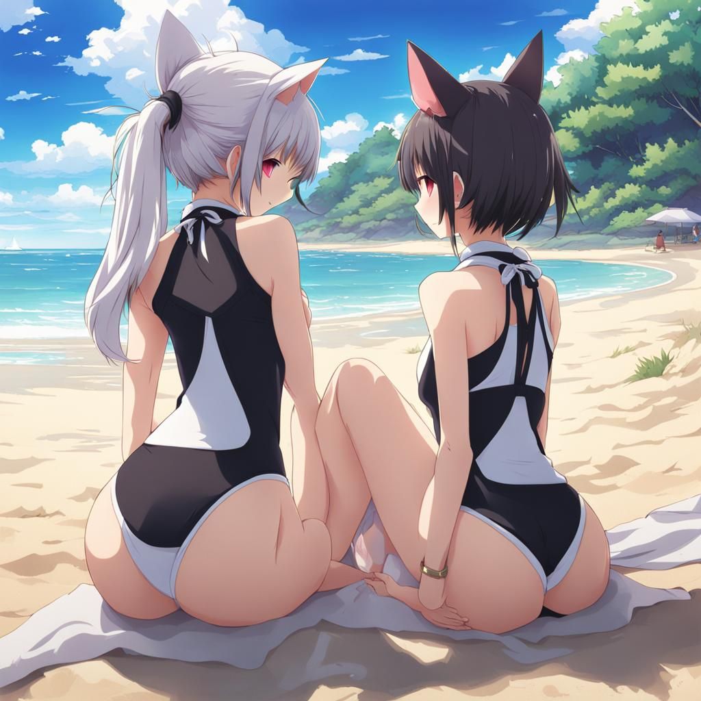 Anime Cat Girls at the Beach in Manga Style