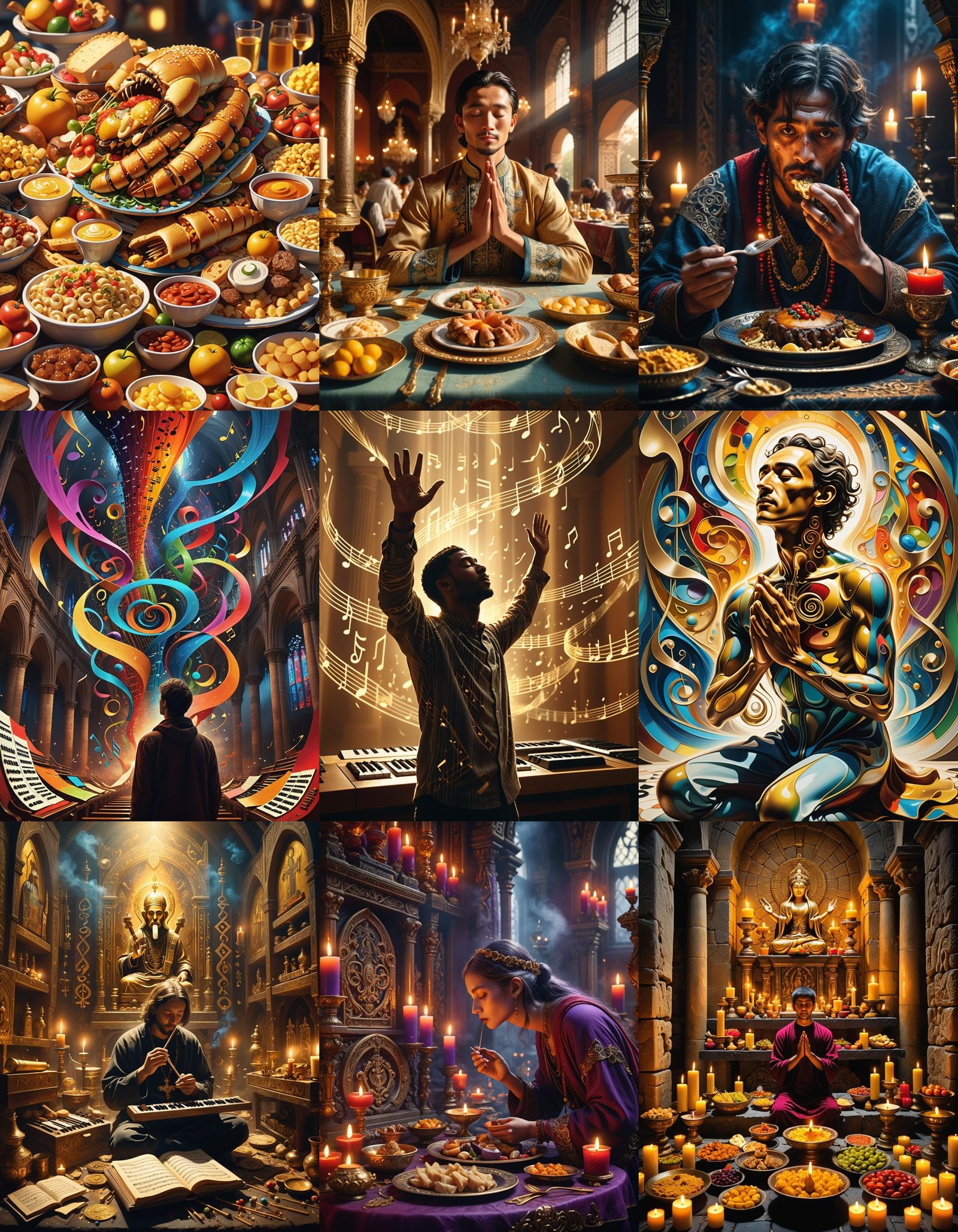 Hyperrealistic Worship Scene: Food, Music, and Faith