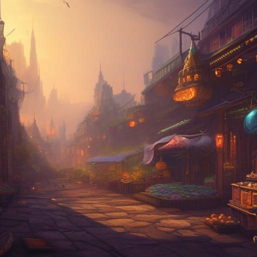 Fantastical Village Market in Detailed Matte Painting