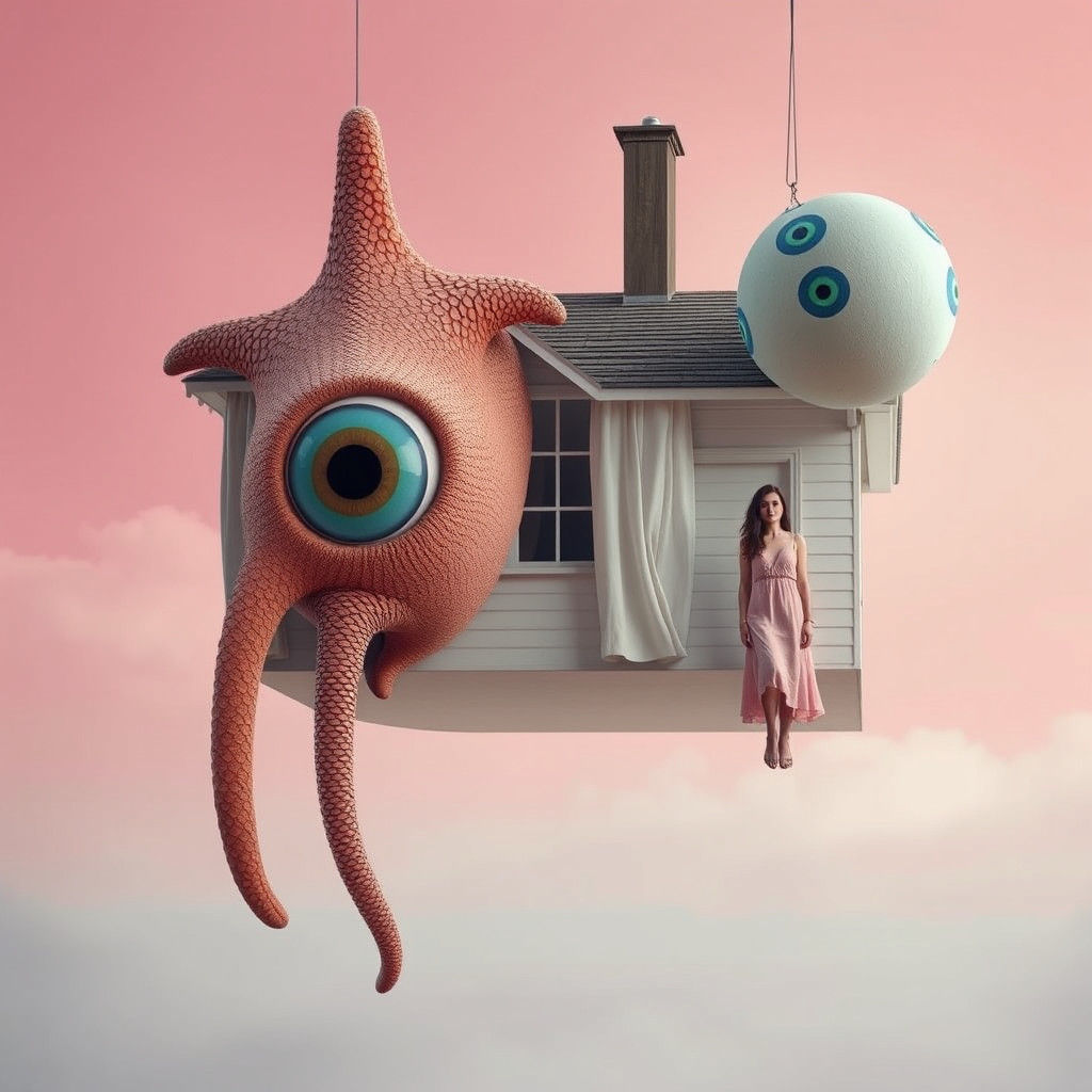 Surreal Floating Head House in Dreamlike Pink Sky