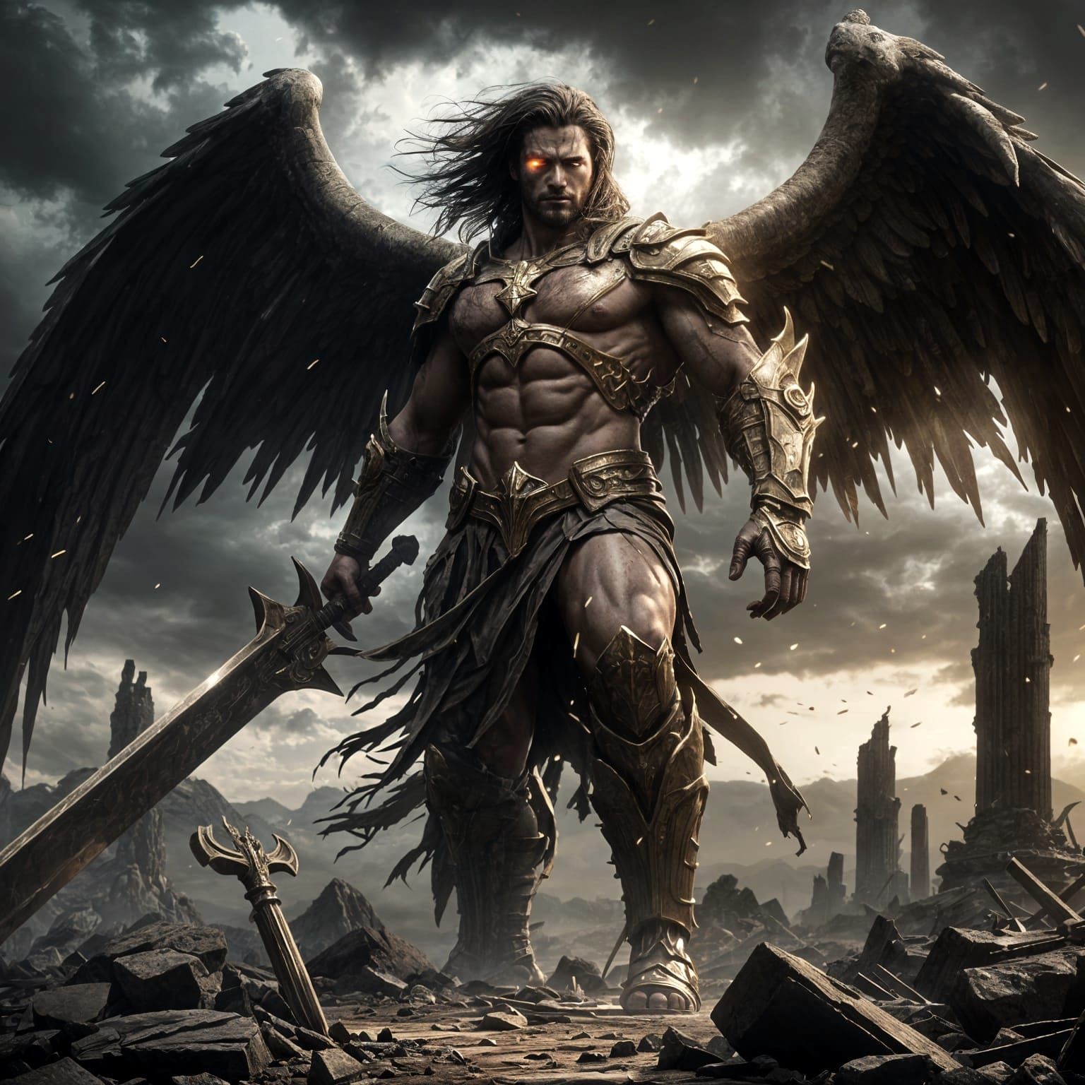 Gigantic Nephilim Warrior Amidst Ancient Ruins in a Stormy S...