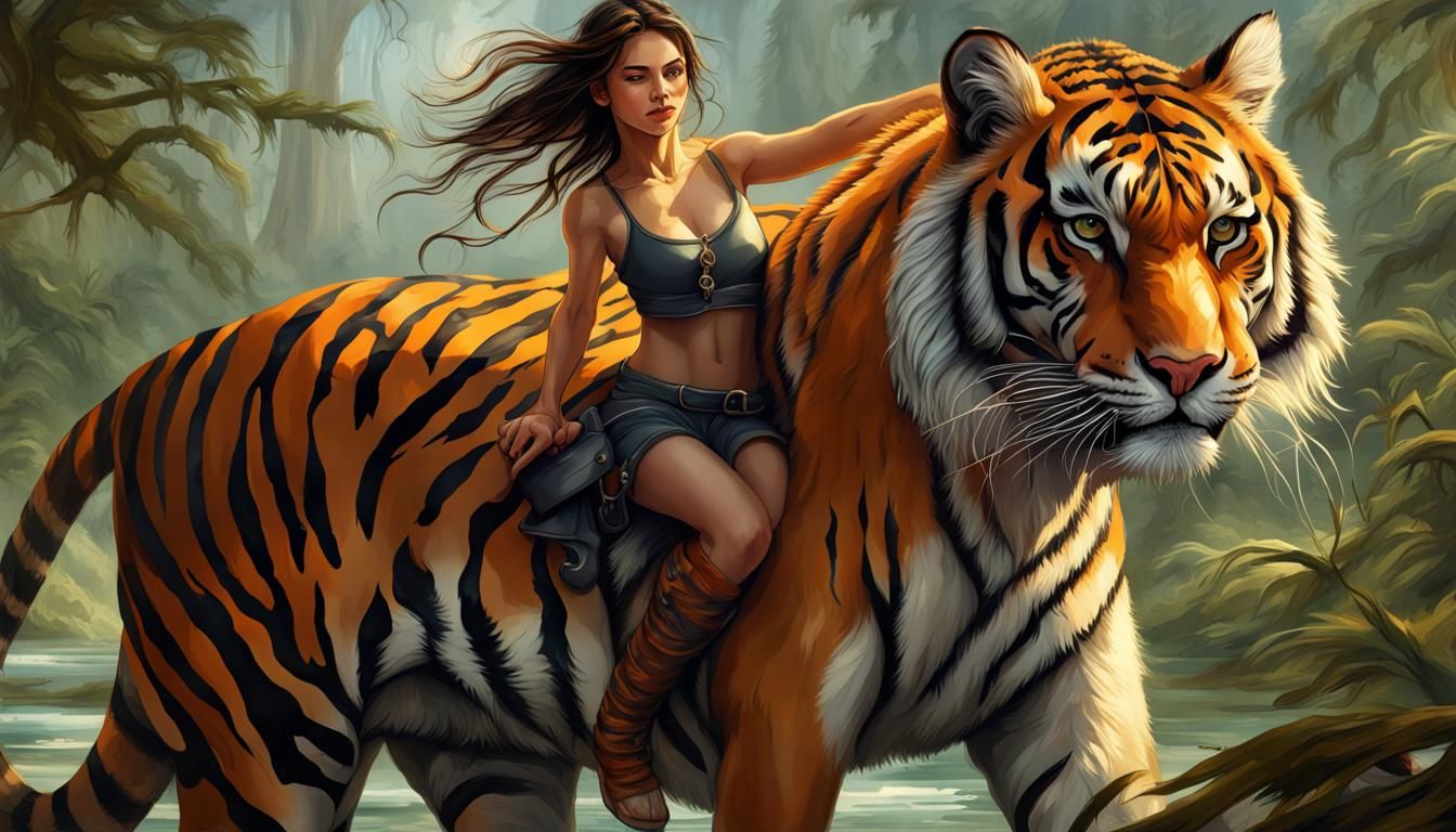 Girl Riding Tiger in Detailed Fantasy Art