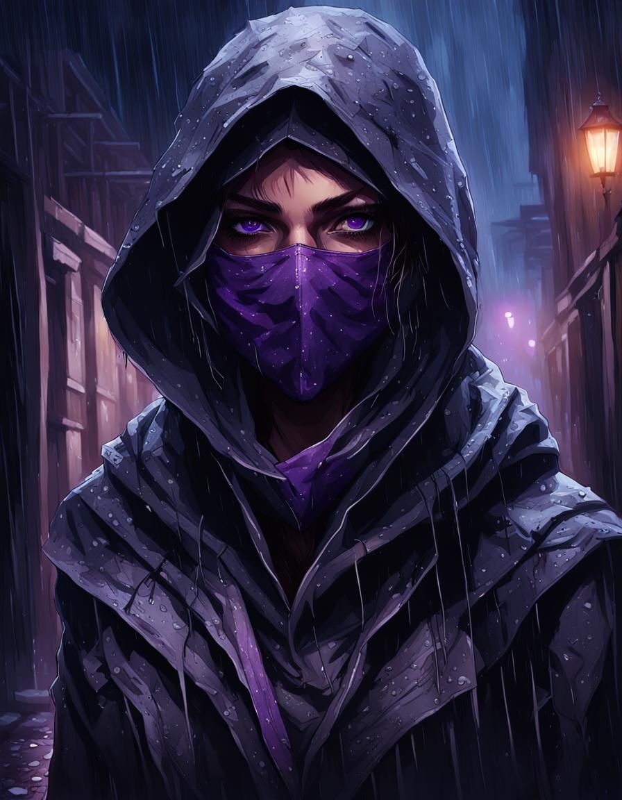 Dark Fantasy Assassin in Rainy Alleyway