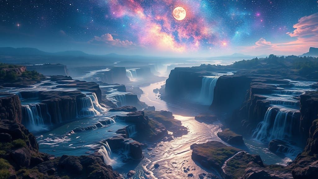 Ethereal Celestial Realm with Serpentine Rivers and Glimmeri...