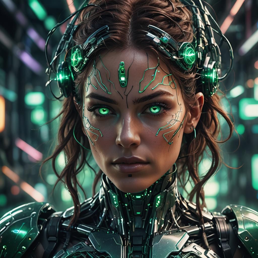 Cyborg Woman Portrait with Glowing Circuitry in Sci-Fi Style