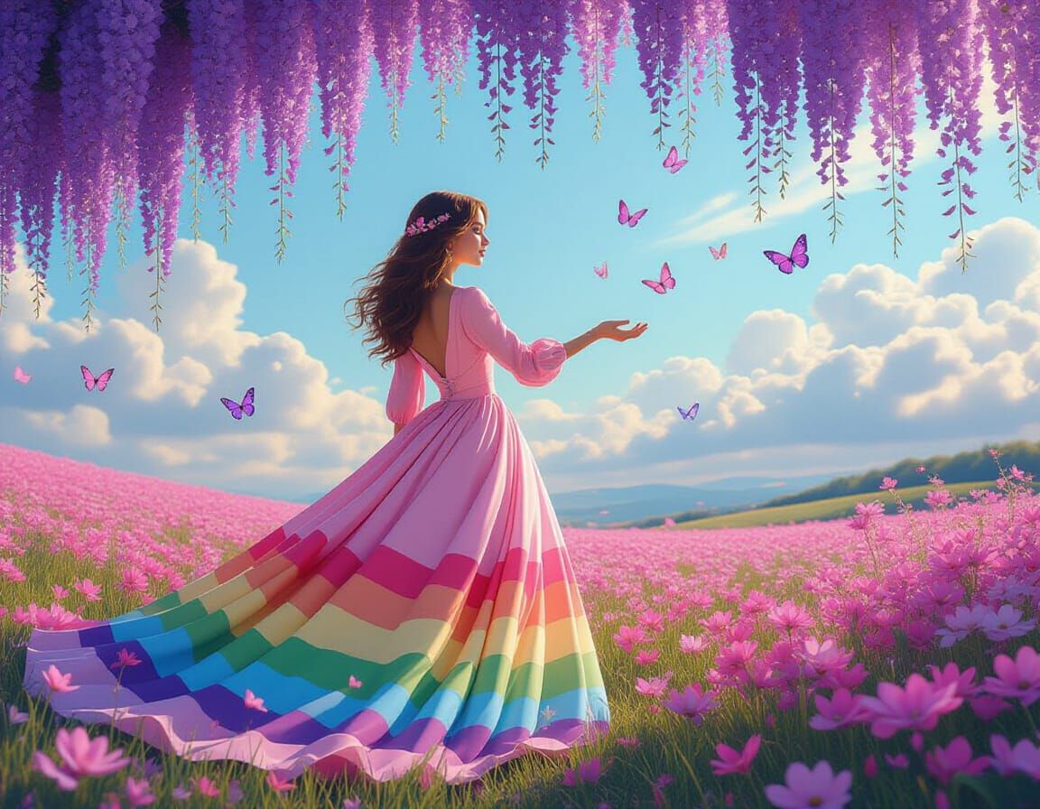 Woman in Floral Field with Neon Lighting