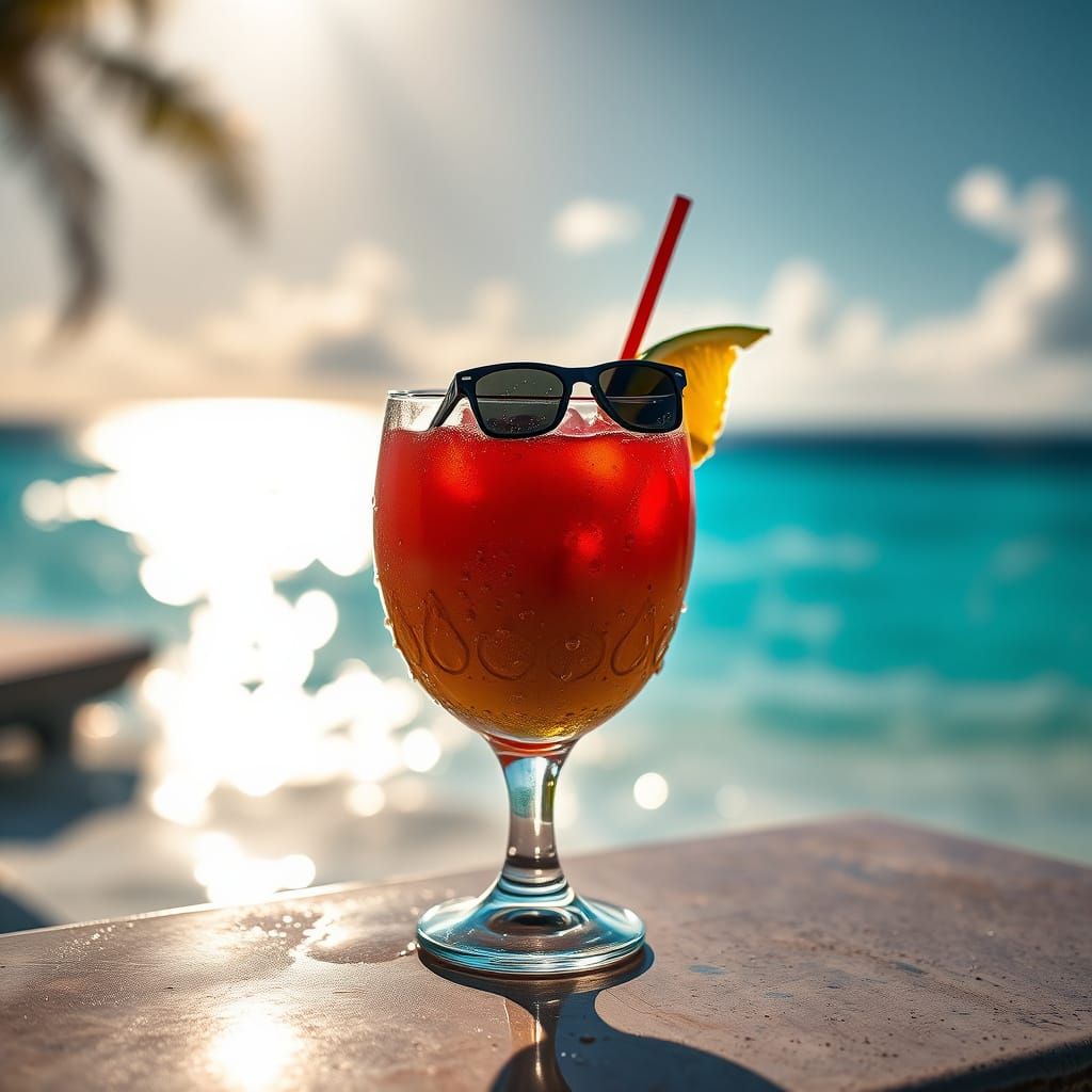 Hyperrealistic Cocktail on Beach with Coconut