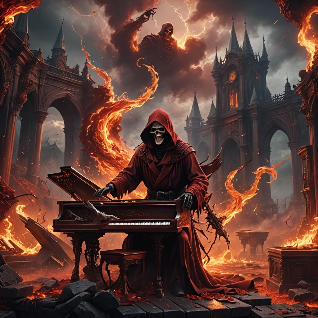 Grim Reaper Plays Fiery Piano in Stormy Landscape