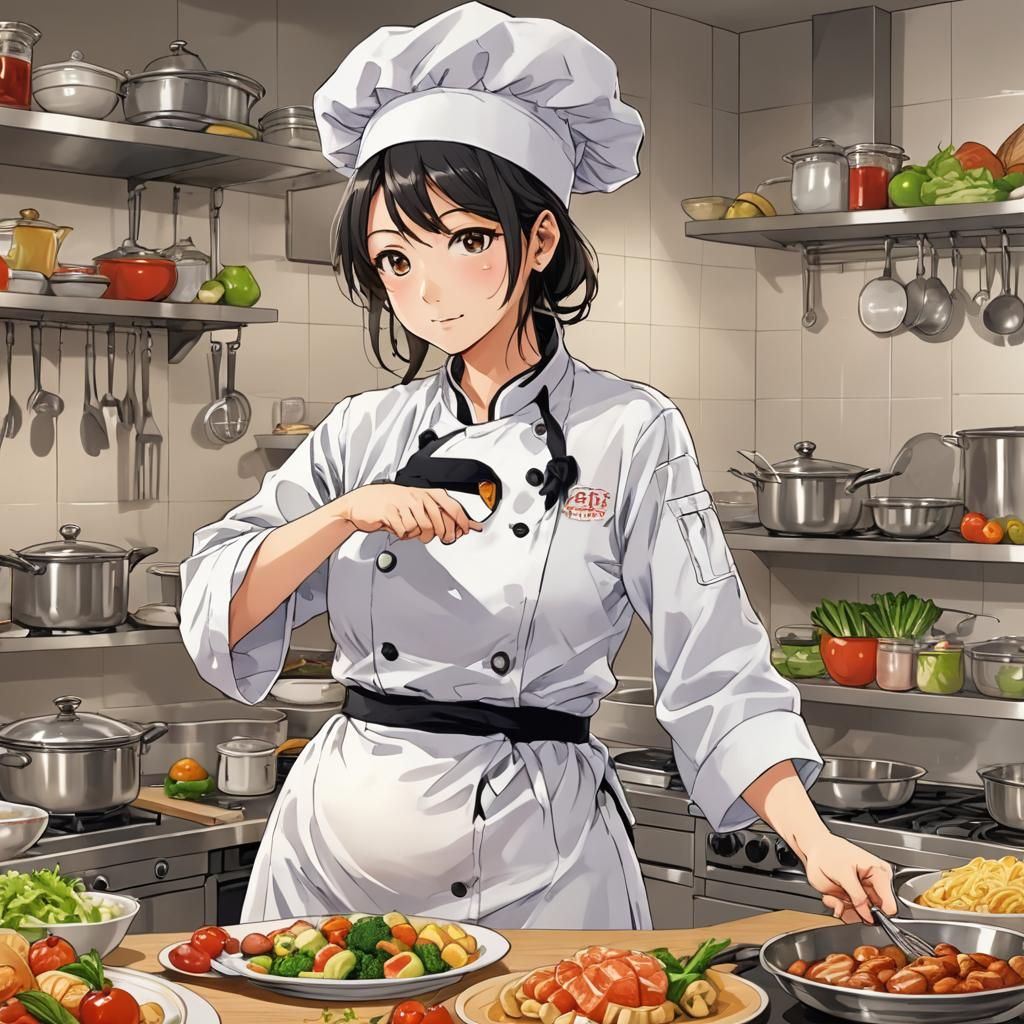 Pregnant Anime Chef in Manga Style