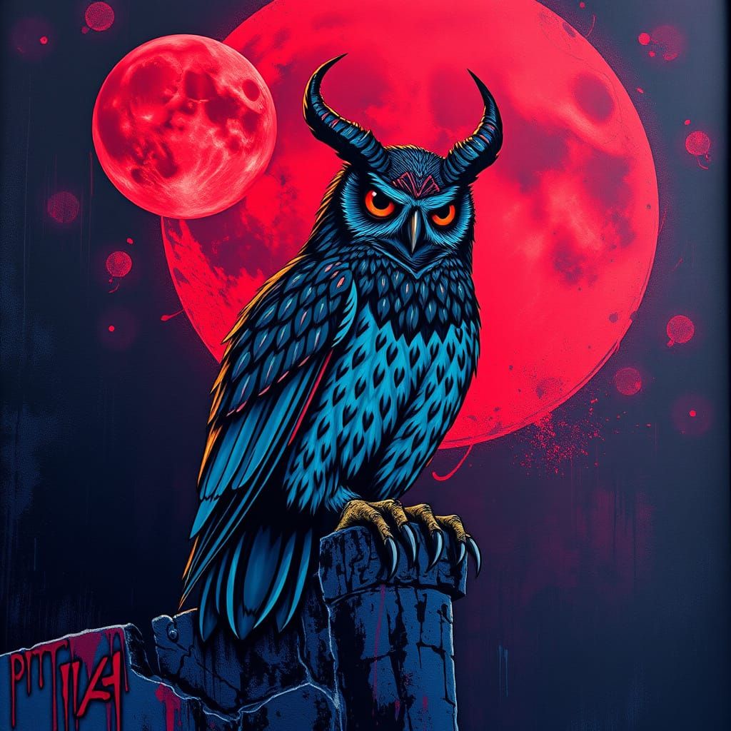 Dark Urban Owl with Demon Horns and Claws under Blood Moon