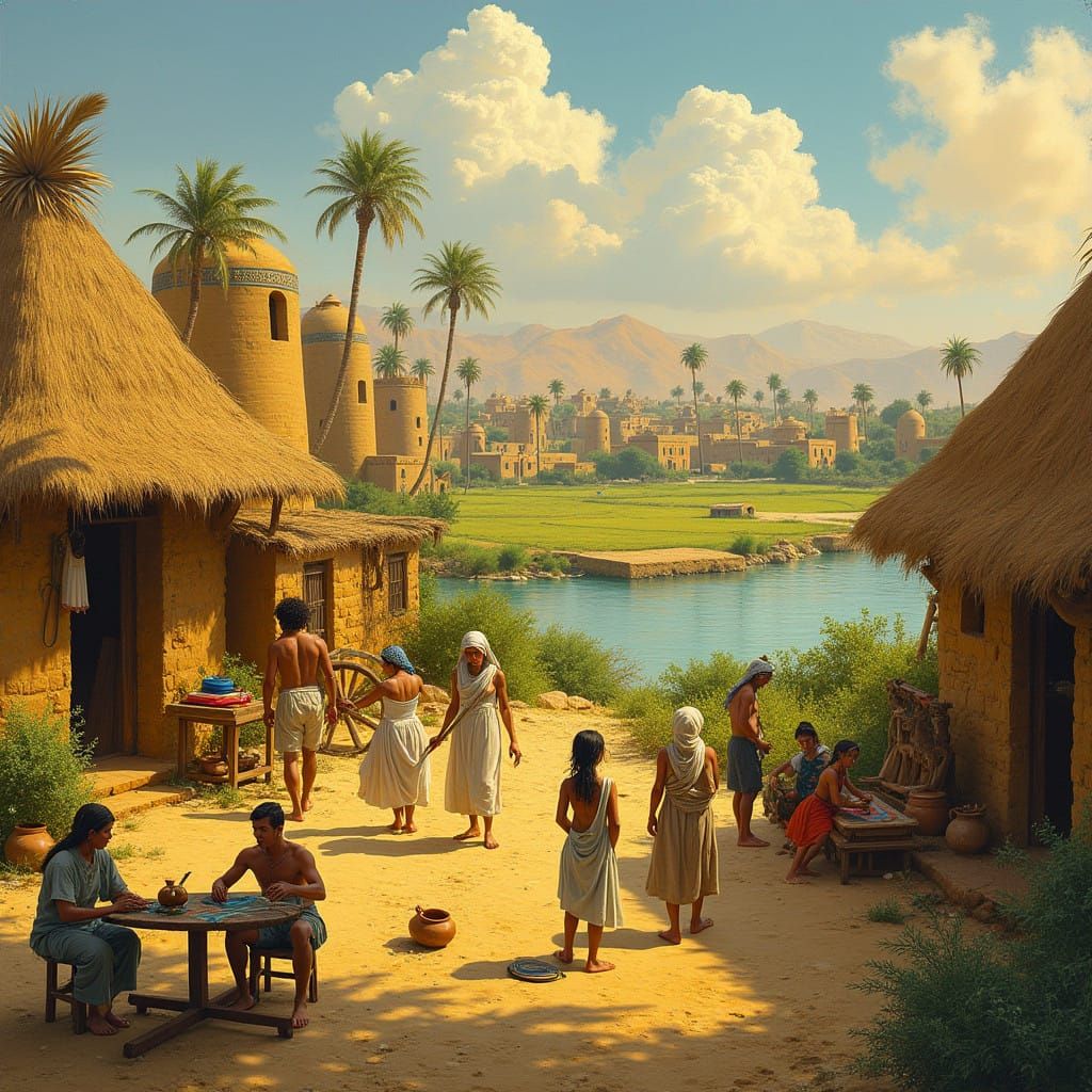 Ancient Egyptian Village Life Along the Nile River, in Vibra...
