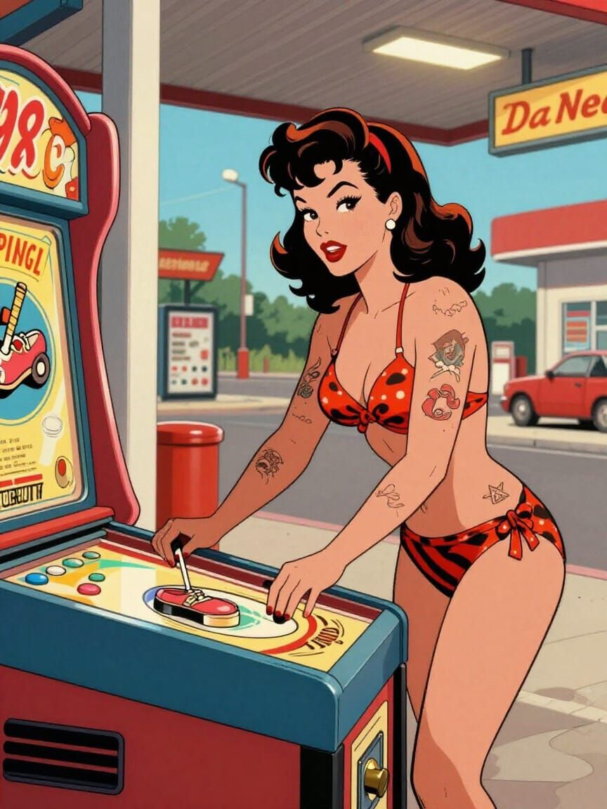 1950s Rocker Pin-Up Girl Plays Flipper