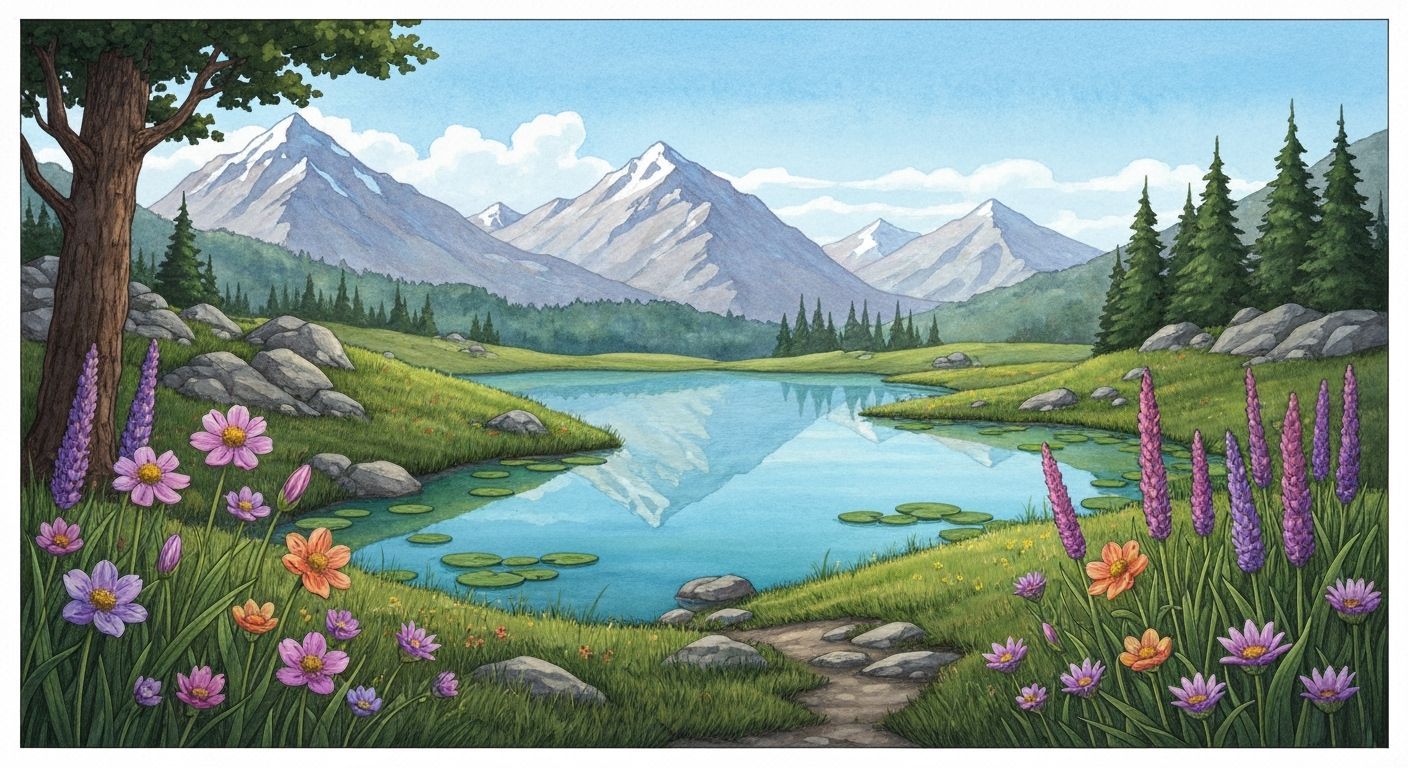 Elegant Egret at Mountain Pond in Watercolor Style