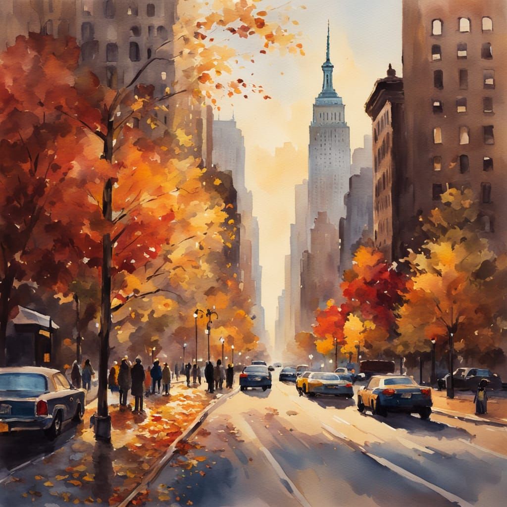 Whimsical Autumnal New York Cityscape in Watercolour