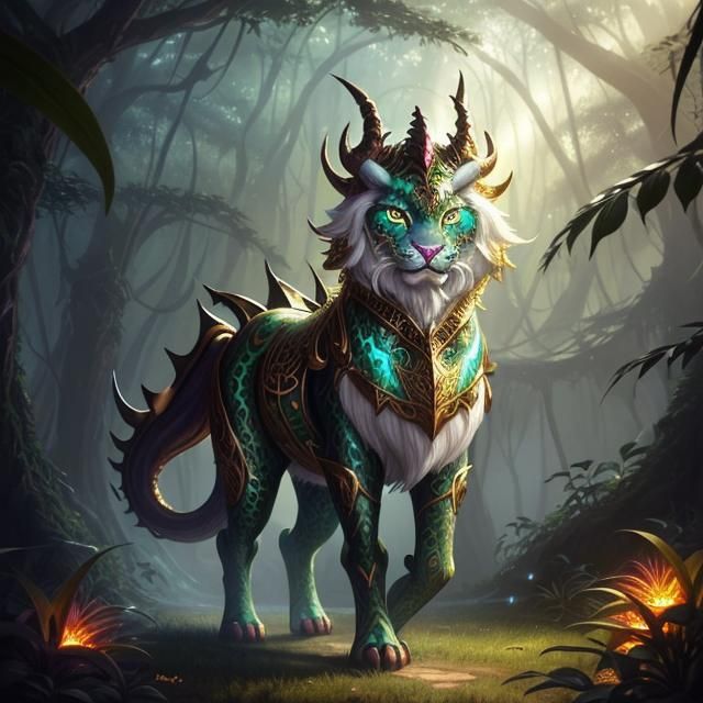 Mythical Horned Panther in Golden Jungle: Fantasy Art