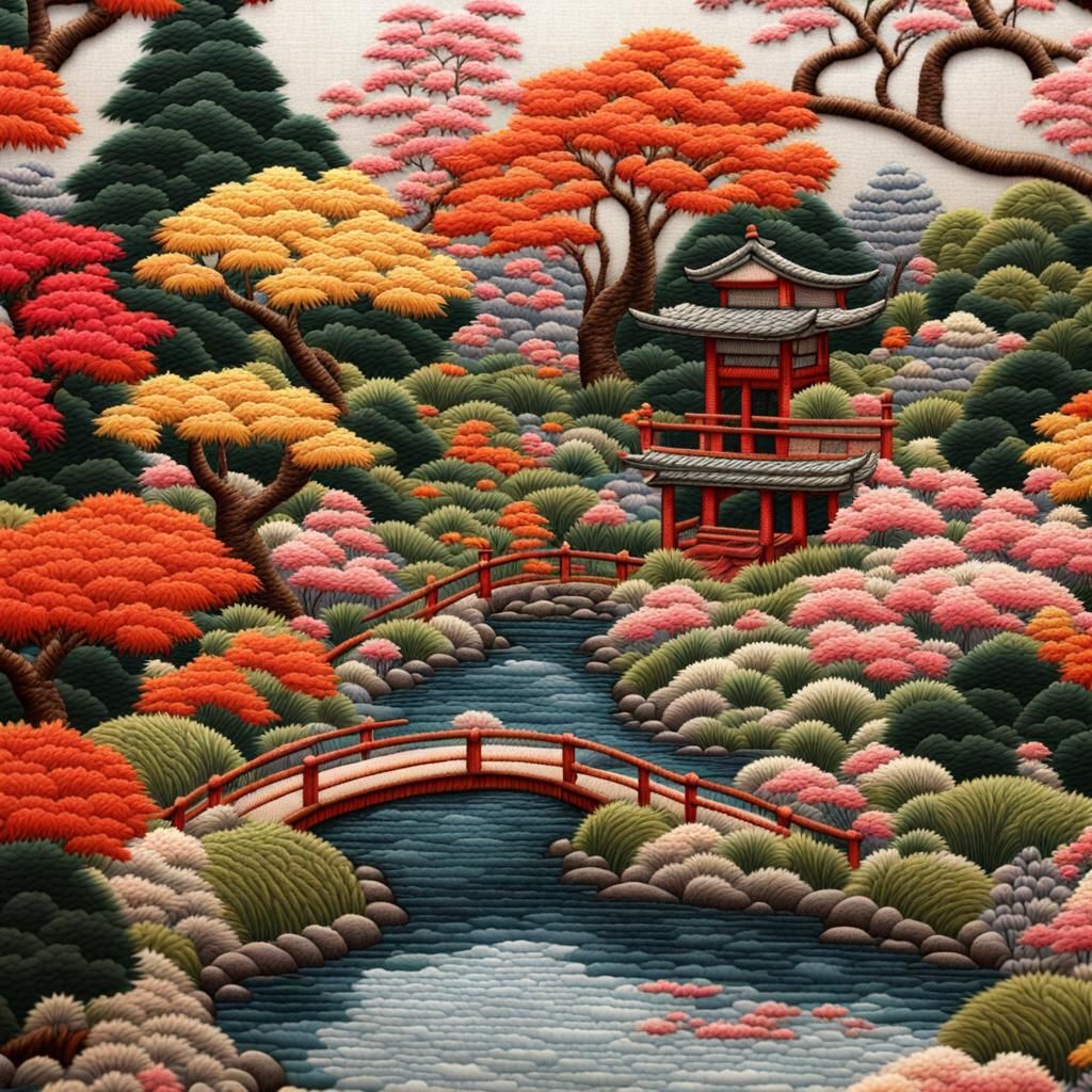Colorful Japanese Garden Embroidery Art
