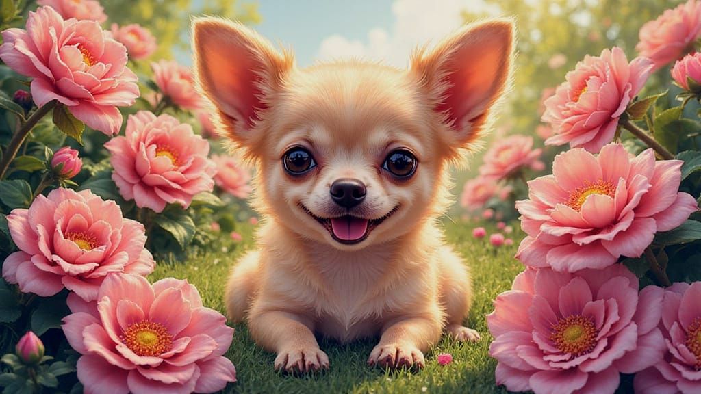 Cute Chihuahua Puppy in Flowerbed, Anime Illustration Style