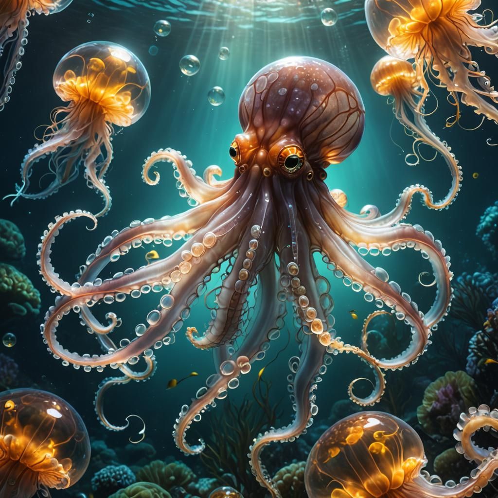 Glowing Glass Octopus in Bioluminescent Ocean