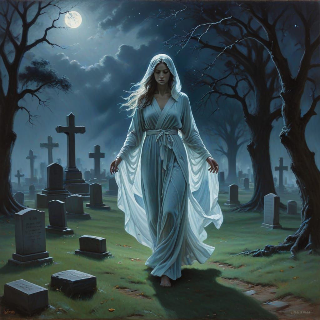 Ethereal Ghost Walks Through Midnight Graveyard