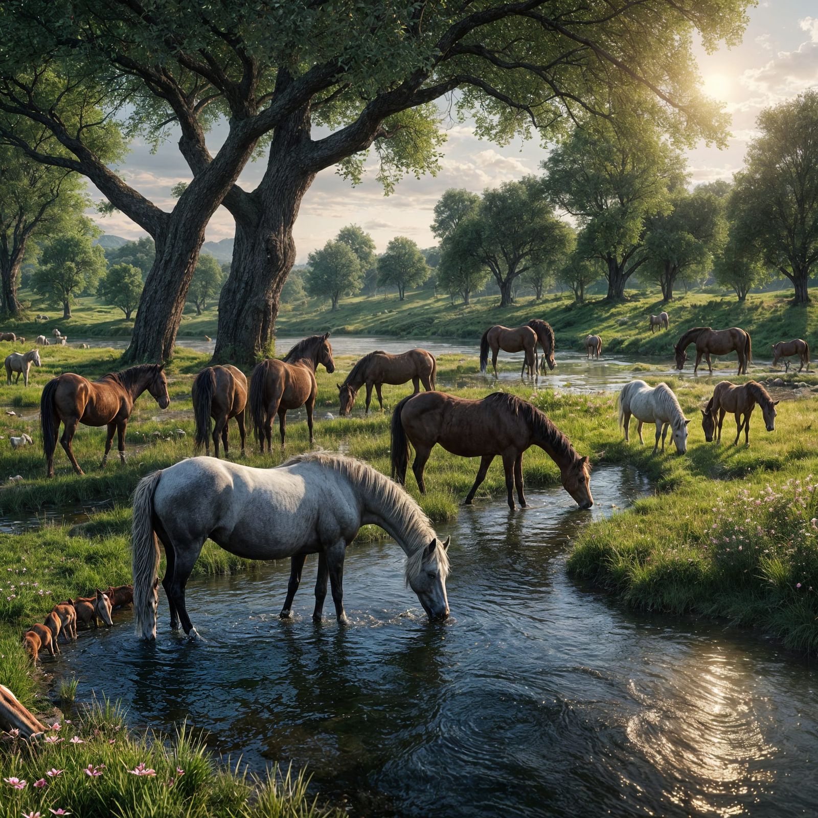 Glorious Horses Drink from a Clear Stream in a Fantastical M...