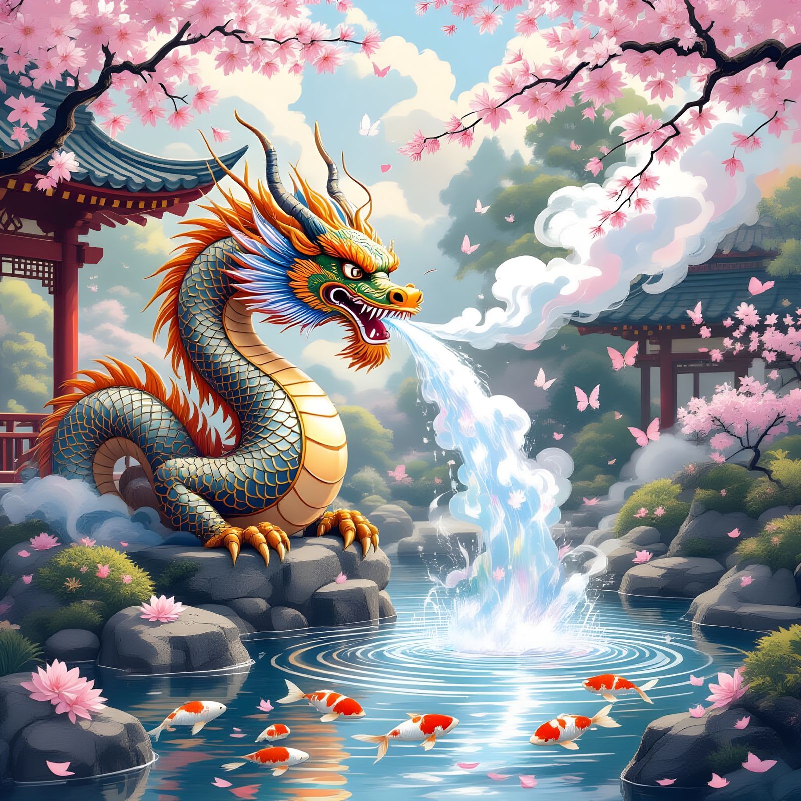 Dragon Fountain Creates Rainbow Mist in Japanese Garden