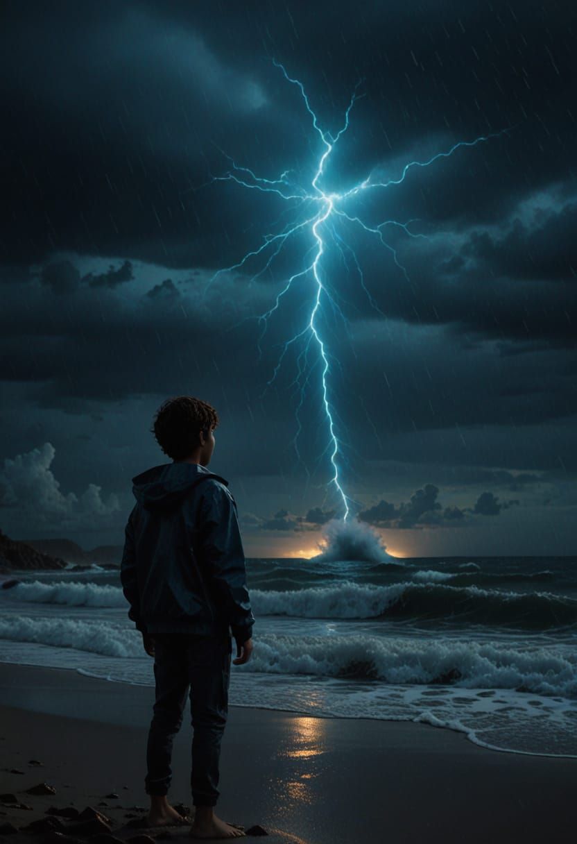 Boy and Angel on Stormy Beach in Unreal Engine Style