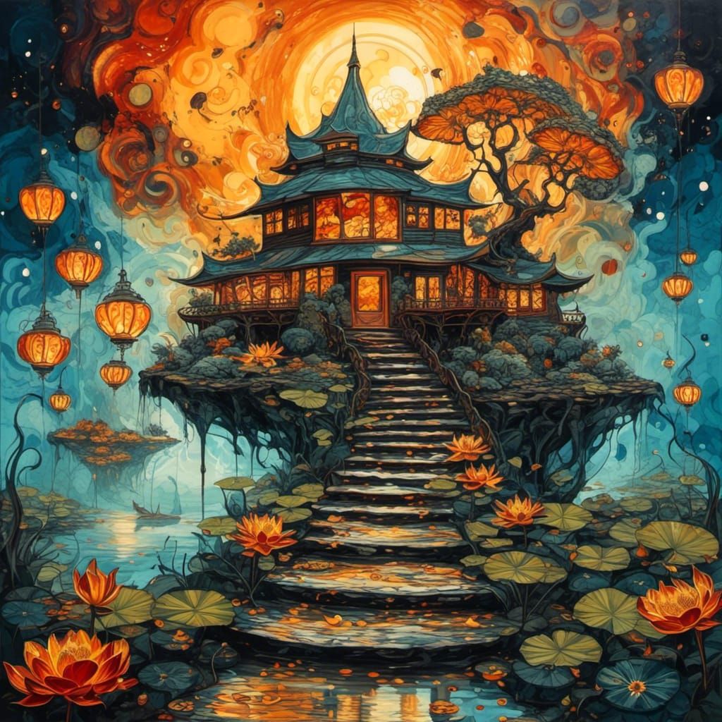 The Lost Tea House, steps.<lora:Lily Pad:1.0>