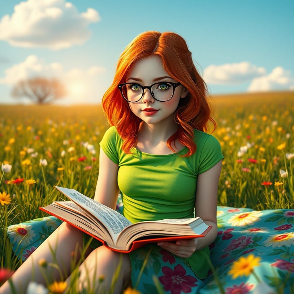 Charming Young Redhead in Spring Meadow