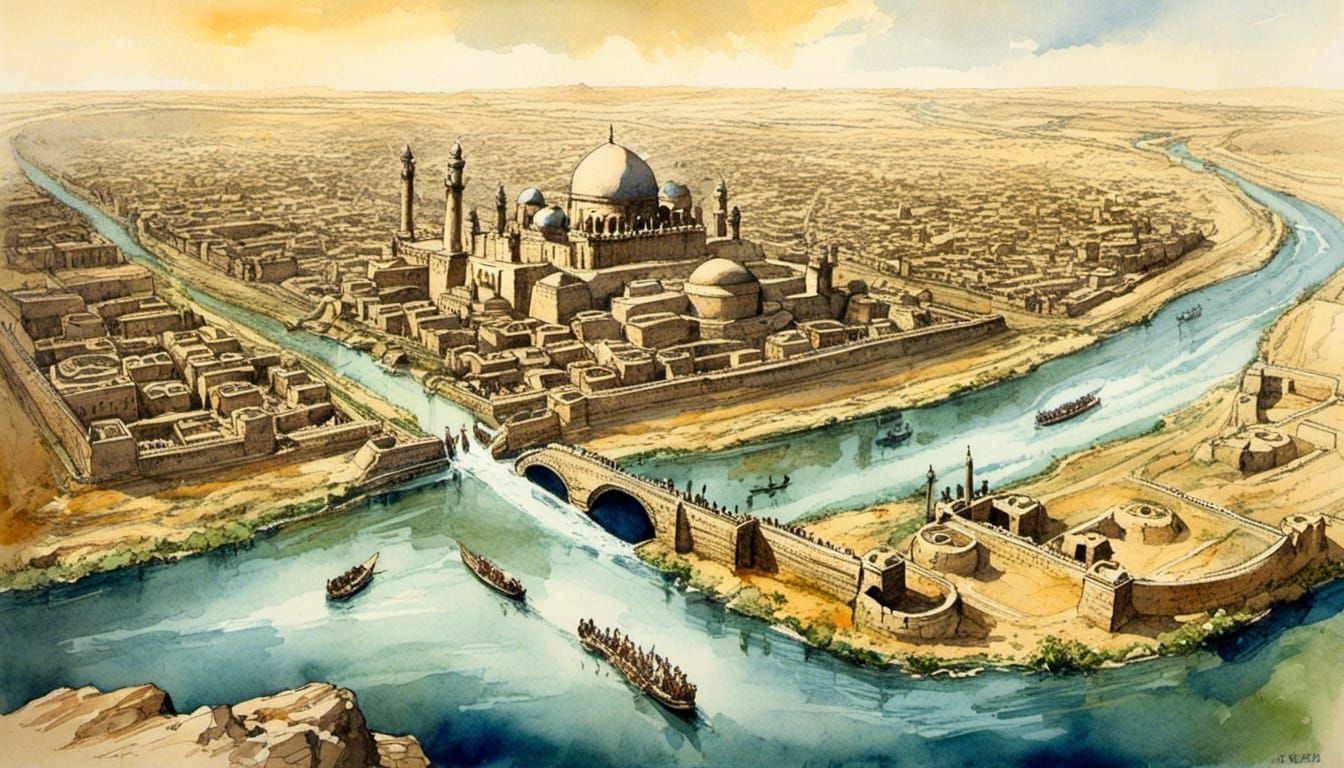 Rivers of Babylon: Watercolor Masterpiece of Ancient Euphrat...