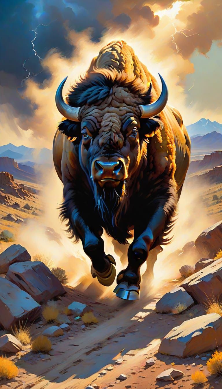 Mighty American Bison Charges Down Rocky Mountain Path