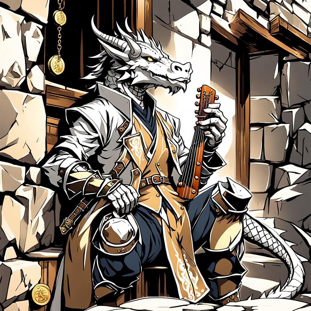 Dragonborn Bard with Lute in Anime Style