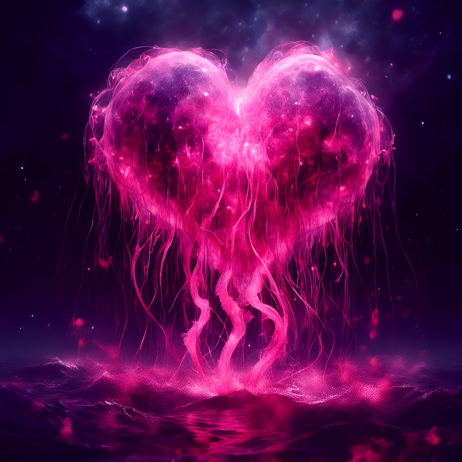 Luminous Heart Jellyfish in Dark Ocean Fantasy