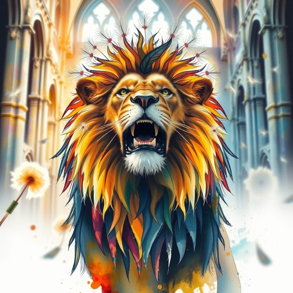 Dandelion-Maned Lion Roaring in Sunlit Cathedral