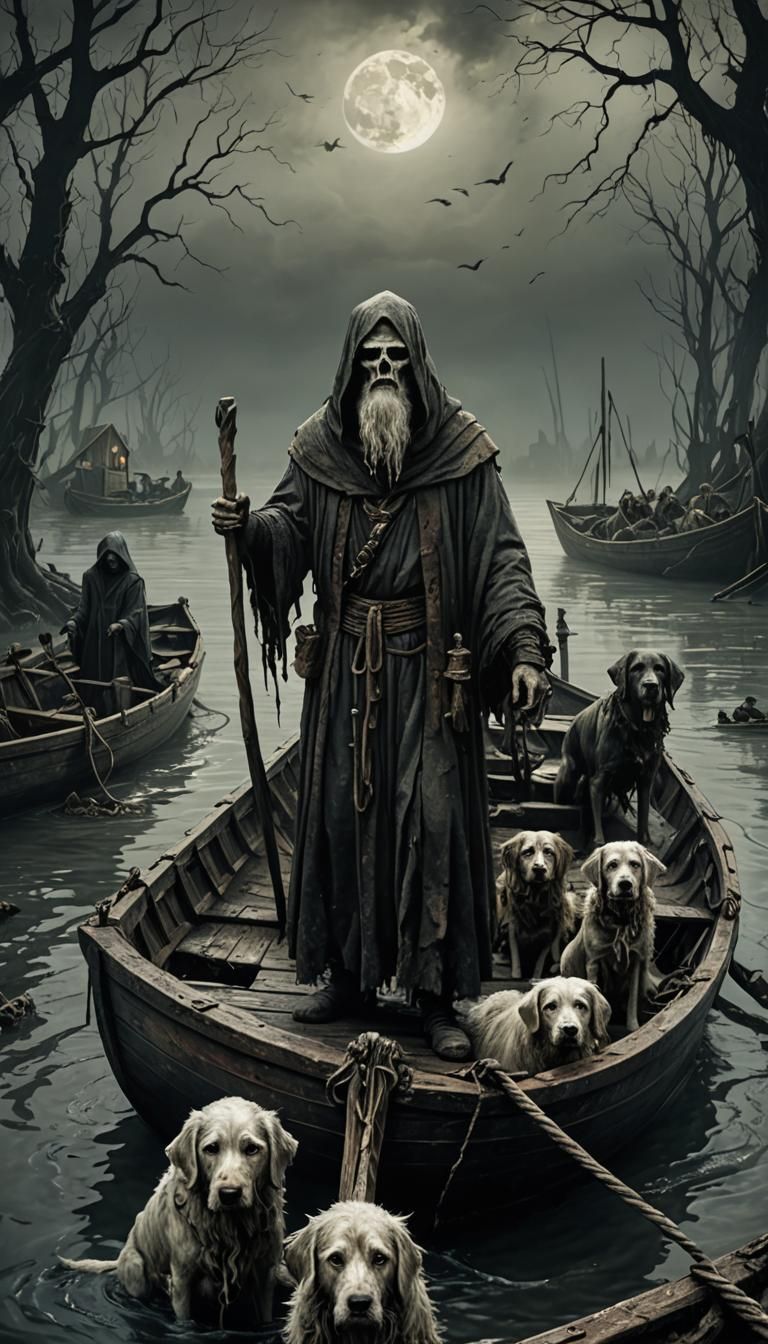 Charon ferrying dogs across the river Styx
