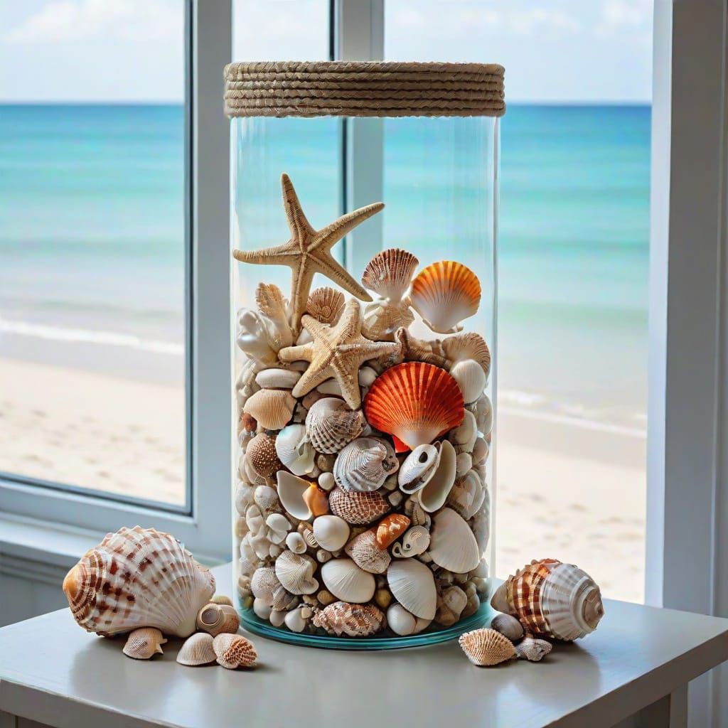 On a table by a window overlooking the ocean, a large glass ...