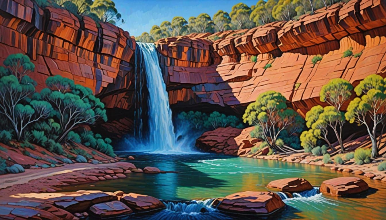 Hamersley Gorge Waterfall in Neo-Impressionist Style