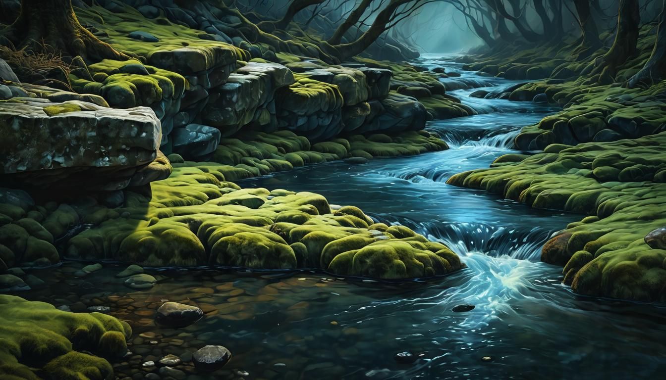 River-Veins Intertwined with Stone: A Digital Oil Painting