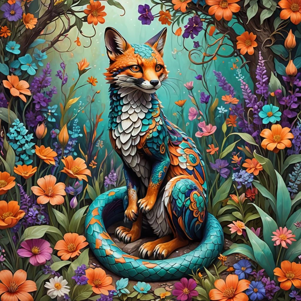Snake Fox in Exotic Garden: Whimsical Fantasy Art