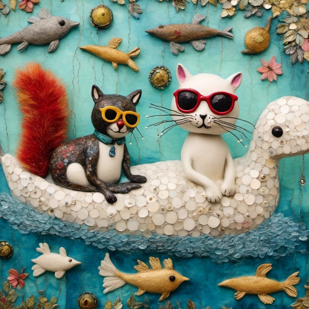 Whimsical Encaustic Collage: Cat and Squirrel Adventure