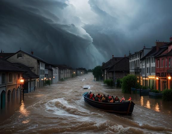 Dramatic flooding with rain and storms in a town surrounded by overflowing rivers, people in wooden boats, on the roofs ...