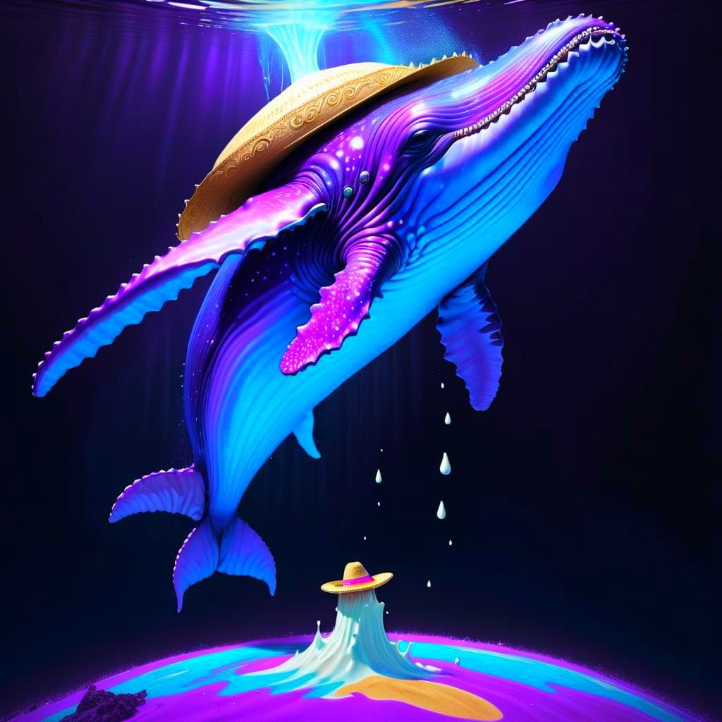 Psychedelic Whale in Milk Sea, Hyperrealistic Illustration