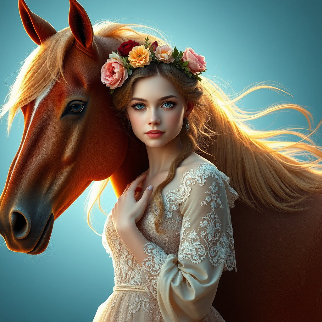Fantasy Flower Girl with Golden Horse, Ethereal Beauty